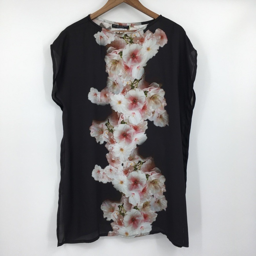 Bryn Walker Cherry Blossom Tunic Blouse‎ Womens L Black Romantic Floral Ethereal